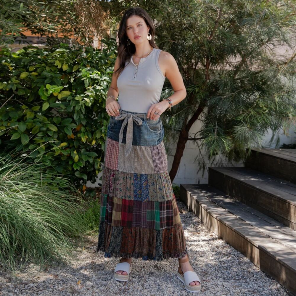 Young Threads Patchwork Belted Skirt Size Small